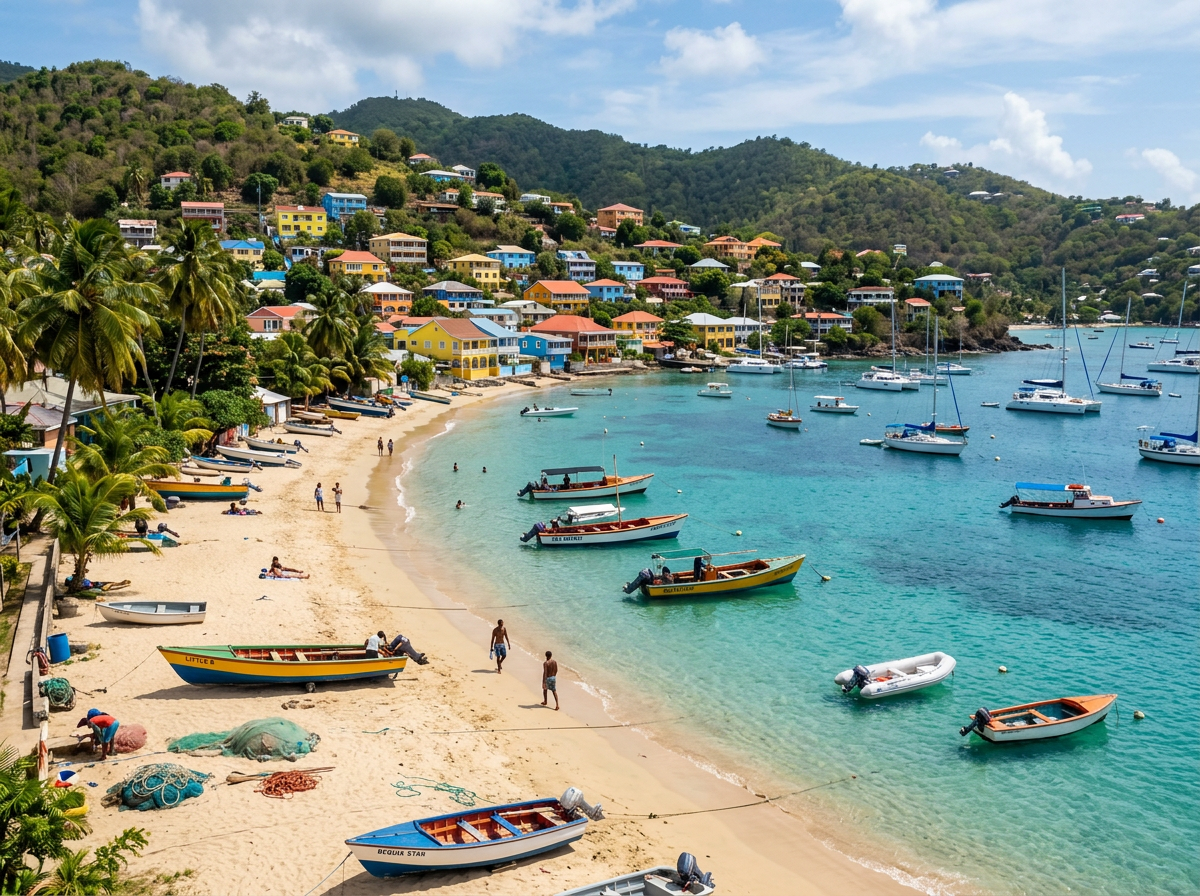 Beach shore with boats anchored near colorful hillside houses in a tropical coastal village