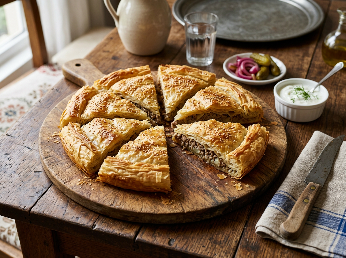 Sliced savory meat pie on wooden board with pickles and sauce