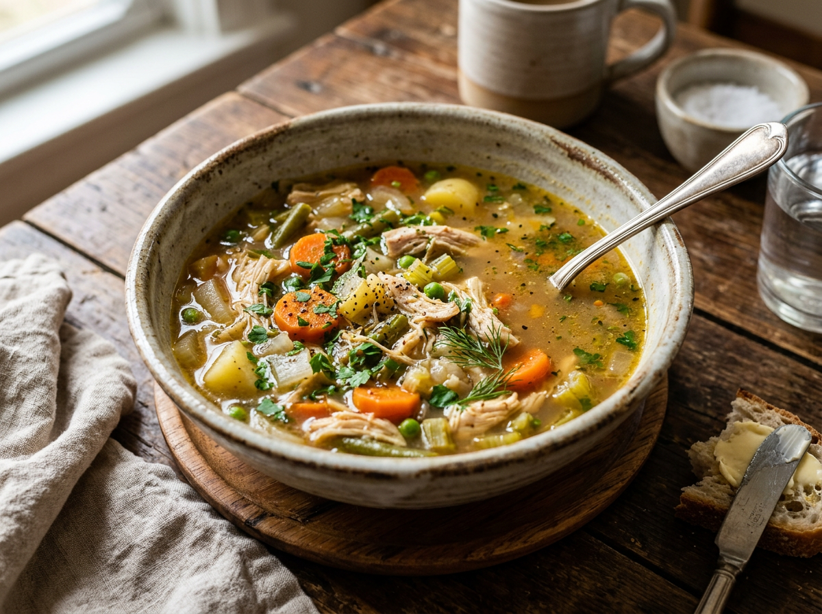 Bowl of chicken and vegetable soup with carrots, potatoes, celery, peas, and herbs