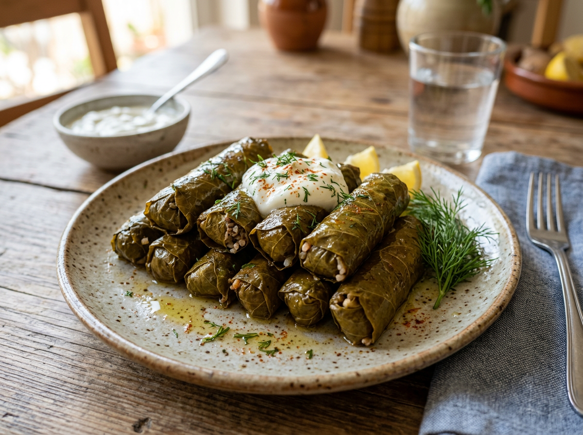 Stuffed grape leaves on a plate with yogurt, lemon wedges, and fresh dill garnish