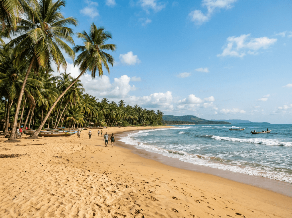 Sandy tropical beach with palm trees, people walking, fishing boats on ocean