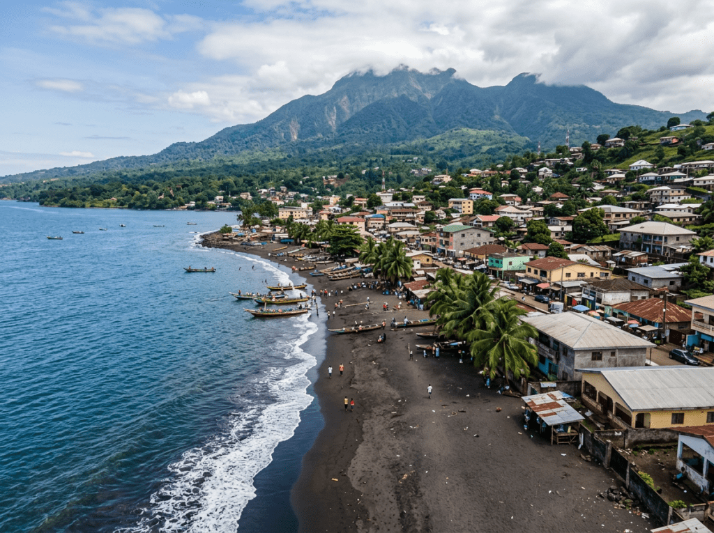 Coastal town with black sand beach, fishing boats, and green mountainous backdrop