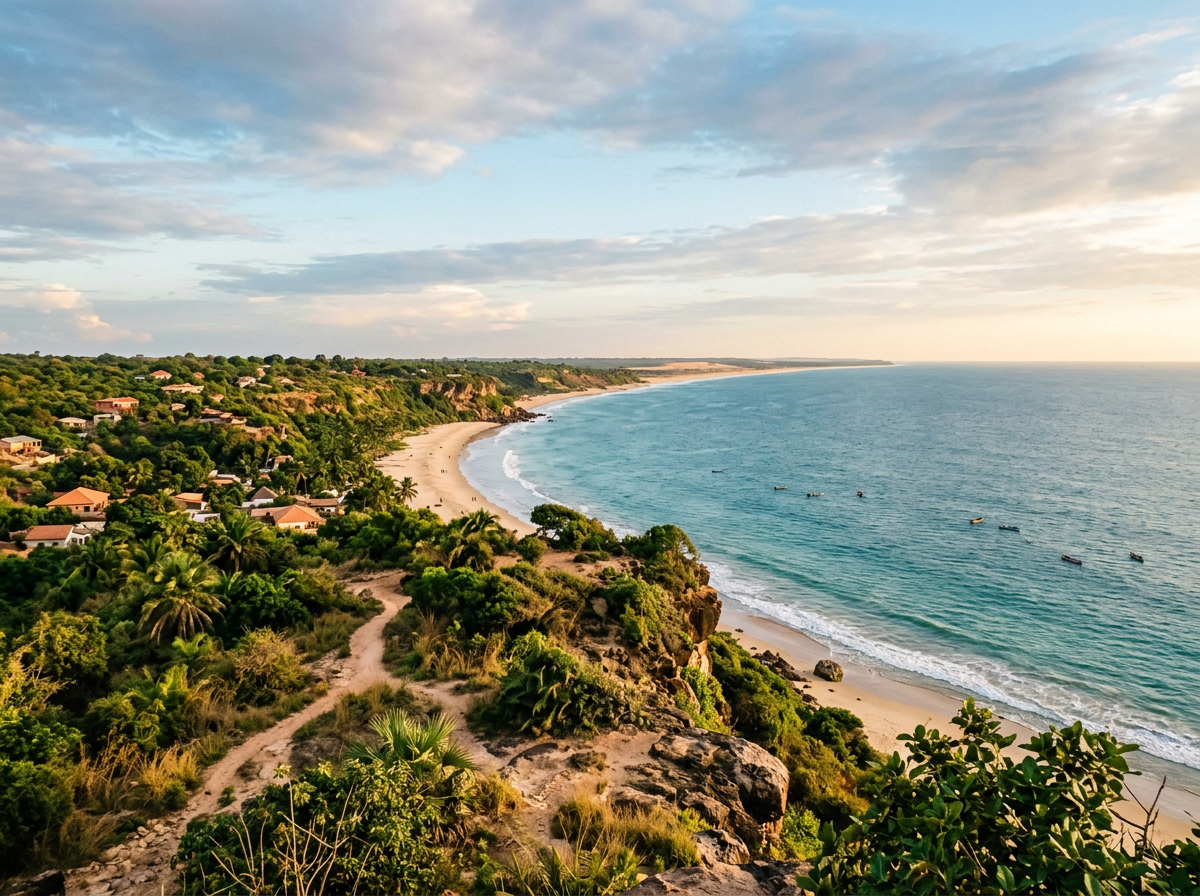 Coastal village with greenery, sandy beach, and boats on ocean
