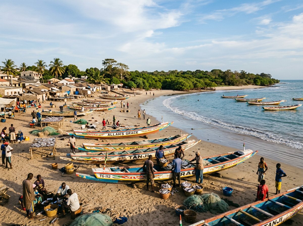Fishermen working near traditional boats on a coastal village beach