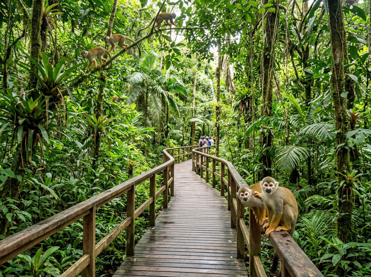 Squirrel monkeys on wooden boardwalk railing and climbing tree branches in dense tropical forest