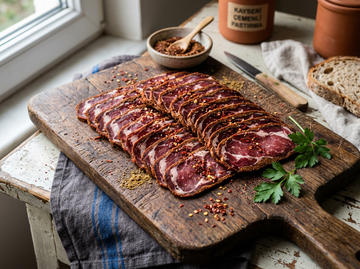 Sliced Kayseri çemenli pastırma with spices on a wooden board with parsley and bread