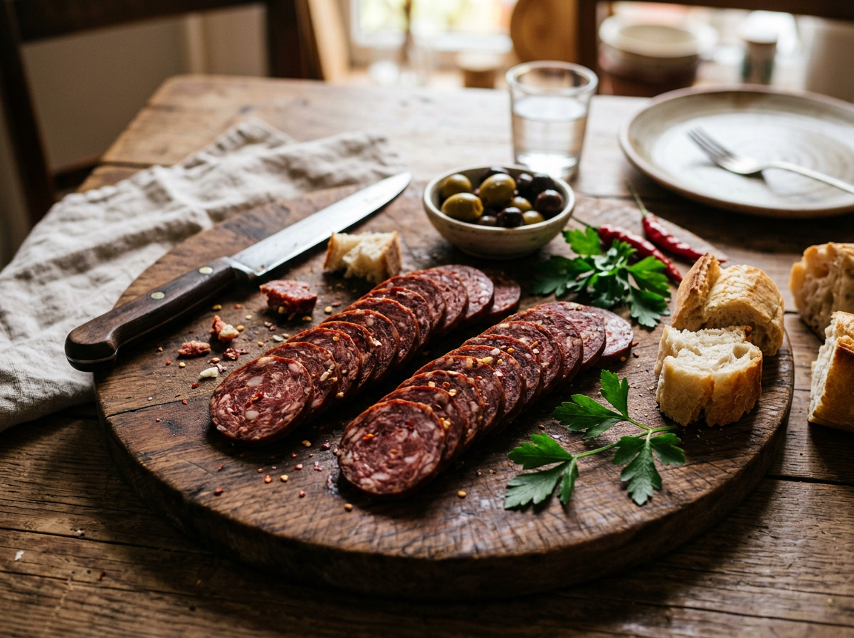 Sliced cured meat on a wooden chopping board with bread pieces, olives in a bowl, parsley, and a knife