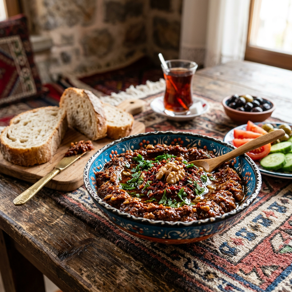 Bowl of walnut and pepper dip with wooden spoon, sliced bread, tea glass, olives, and fresh vegetables on a wooden table.