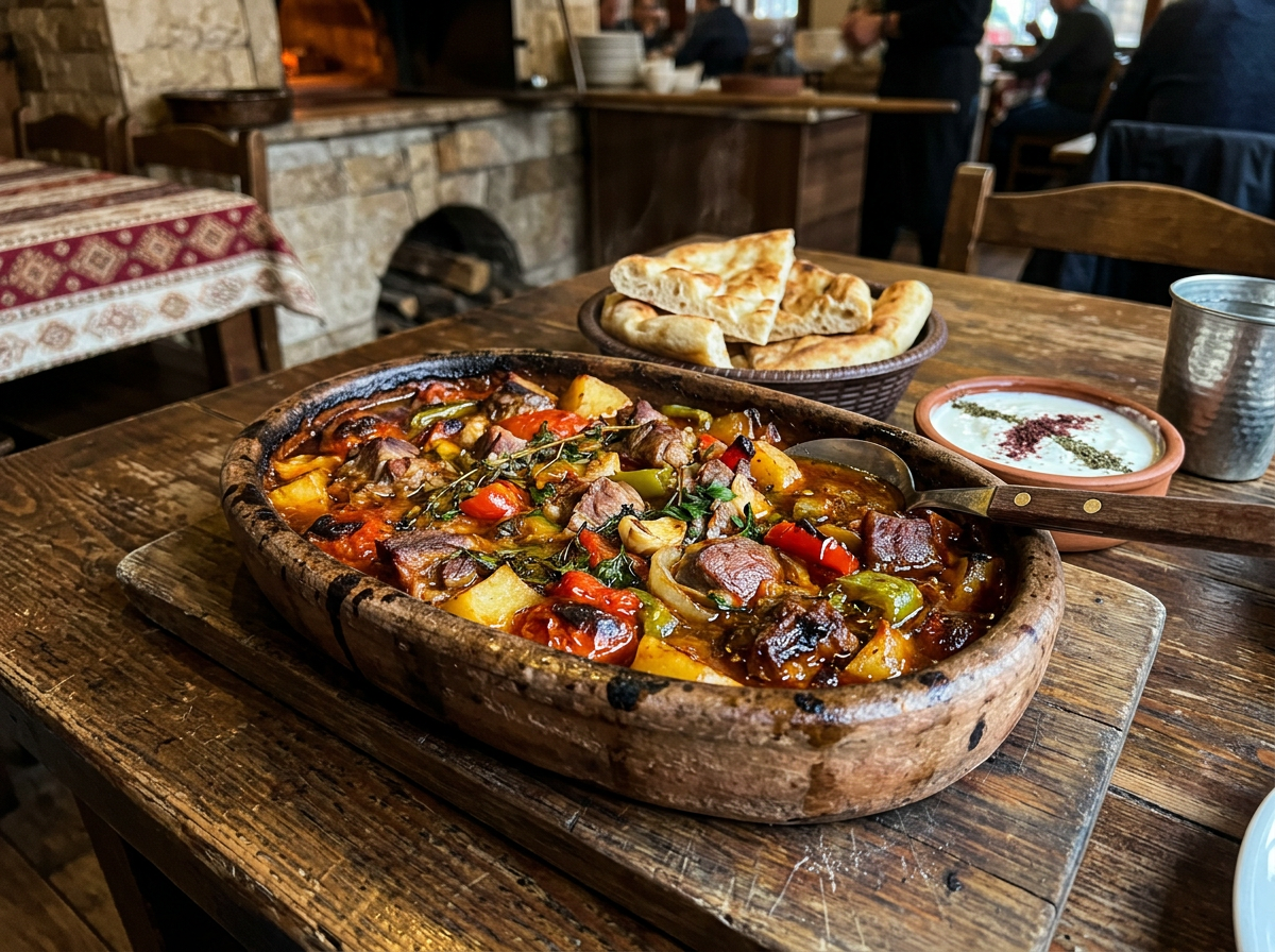 Clay pot of meat and vegetable stew with bread basket and bowl of spiced yogurt