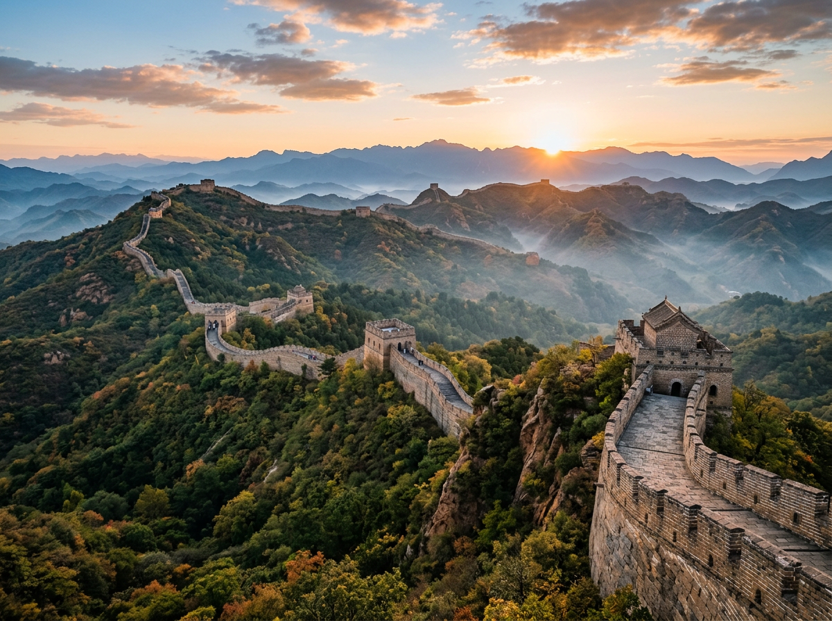 The Great Wall of China stretching over green mountains at sunrise with mist