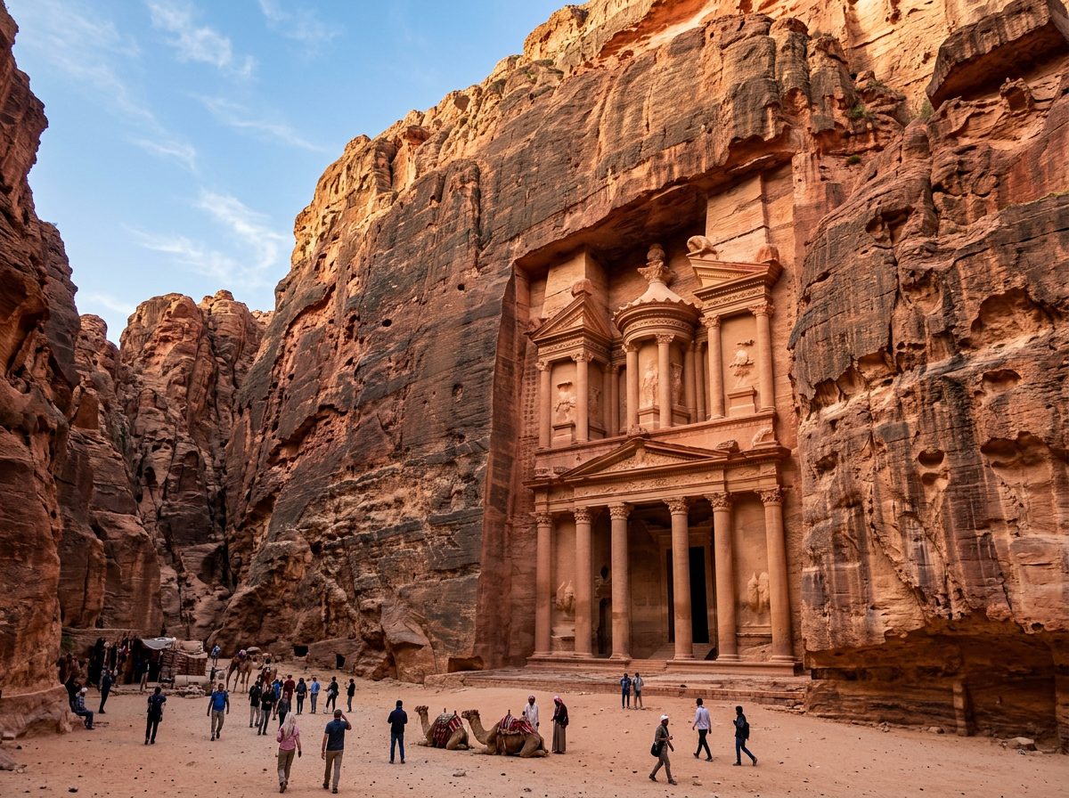 The Treasury facade carved into sandstone cliffs at Petra with tourists and camels