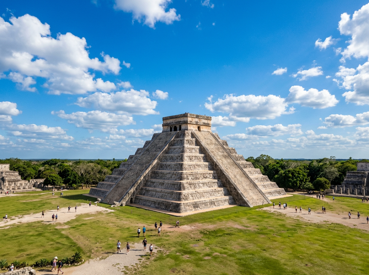 El Castillo pyramid at Chichen Itza surrounded by visitors on a sunny day