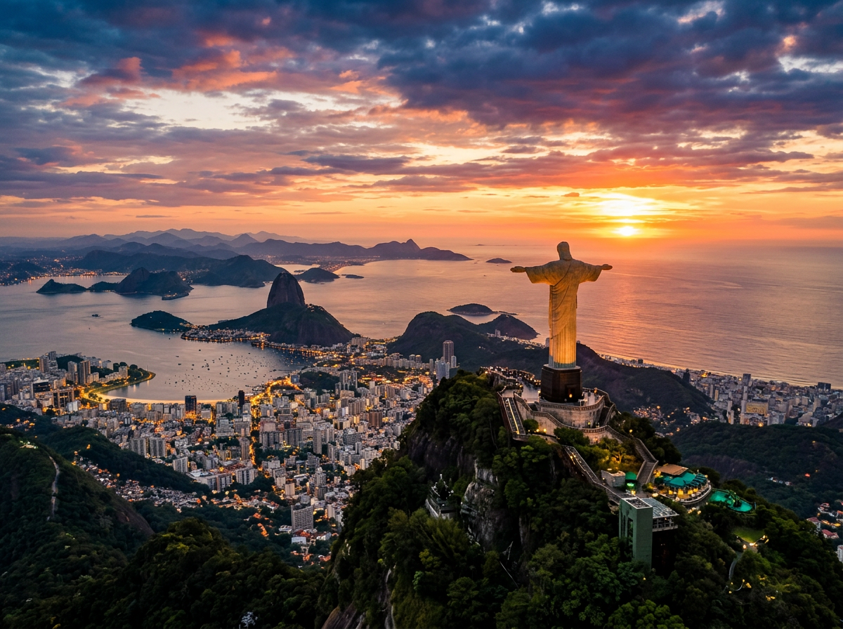 Christ the Redeemer statue on mountain overlooking city and ocean at sunset
