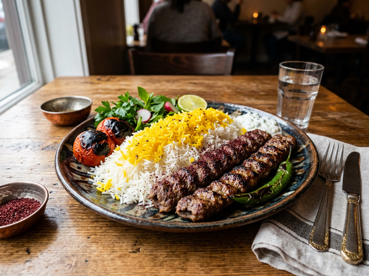 Grilled koobideh kebabs with saffron and white rice, grilled tomatoes, herbs, lime, and green chili on a plate