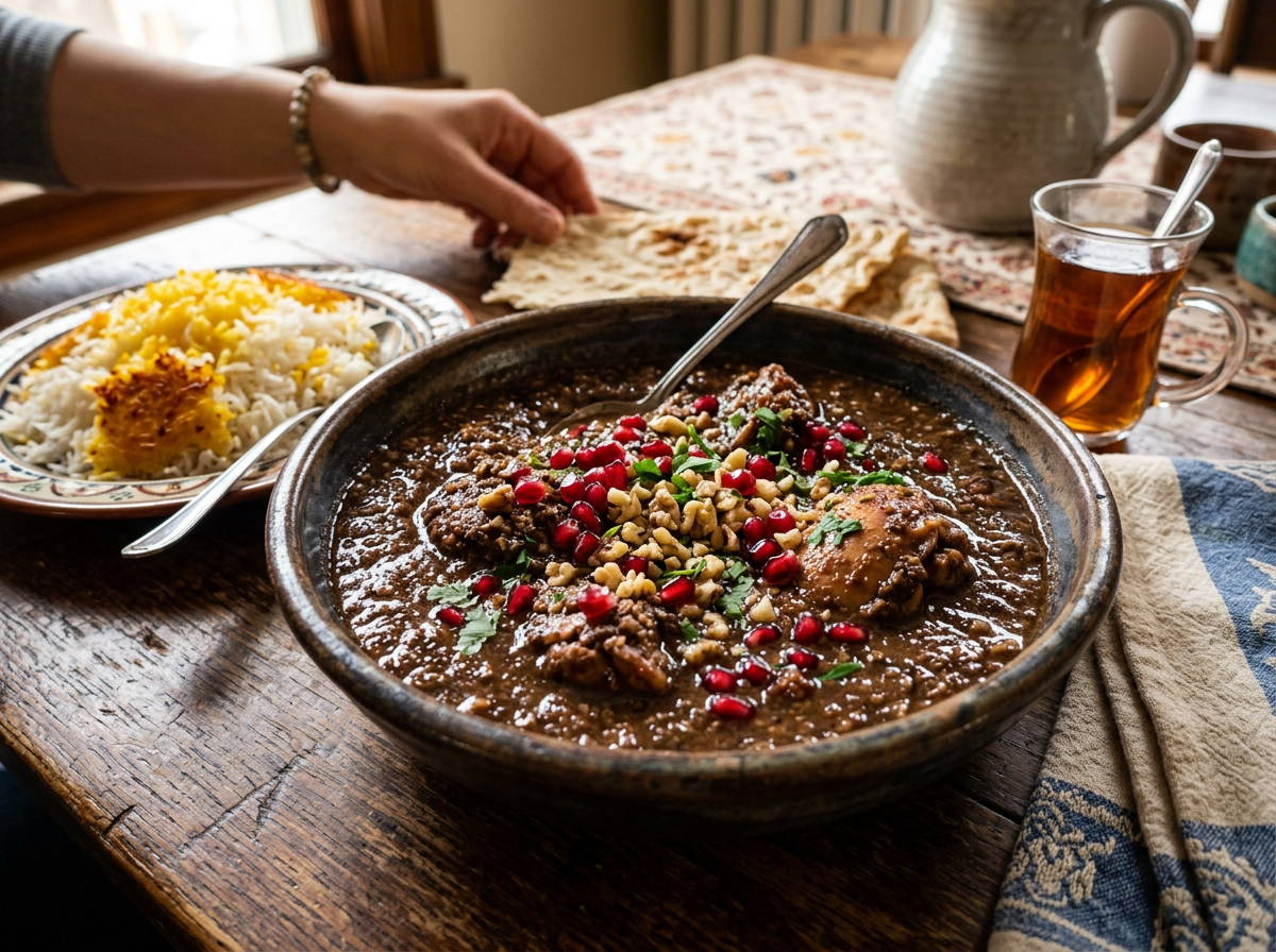 Bowl of Fesenjan stew garnished with pomegranate seeds, walnuts, and herbs, accompanied by saffron rice, flatbread, and a glass of tea.