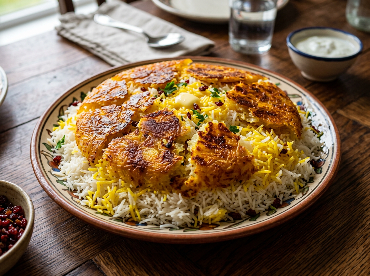 Plate of Persian Tahdig rice with golden crispy crust and saffron rice garnished with herbs and berries