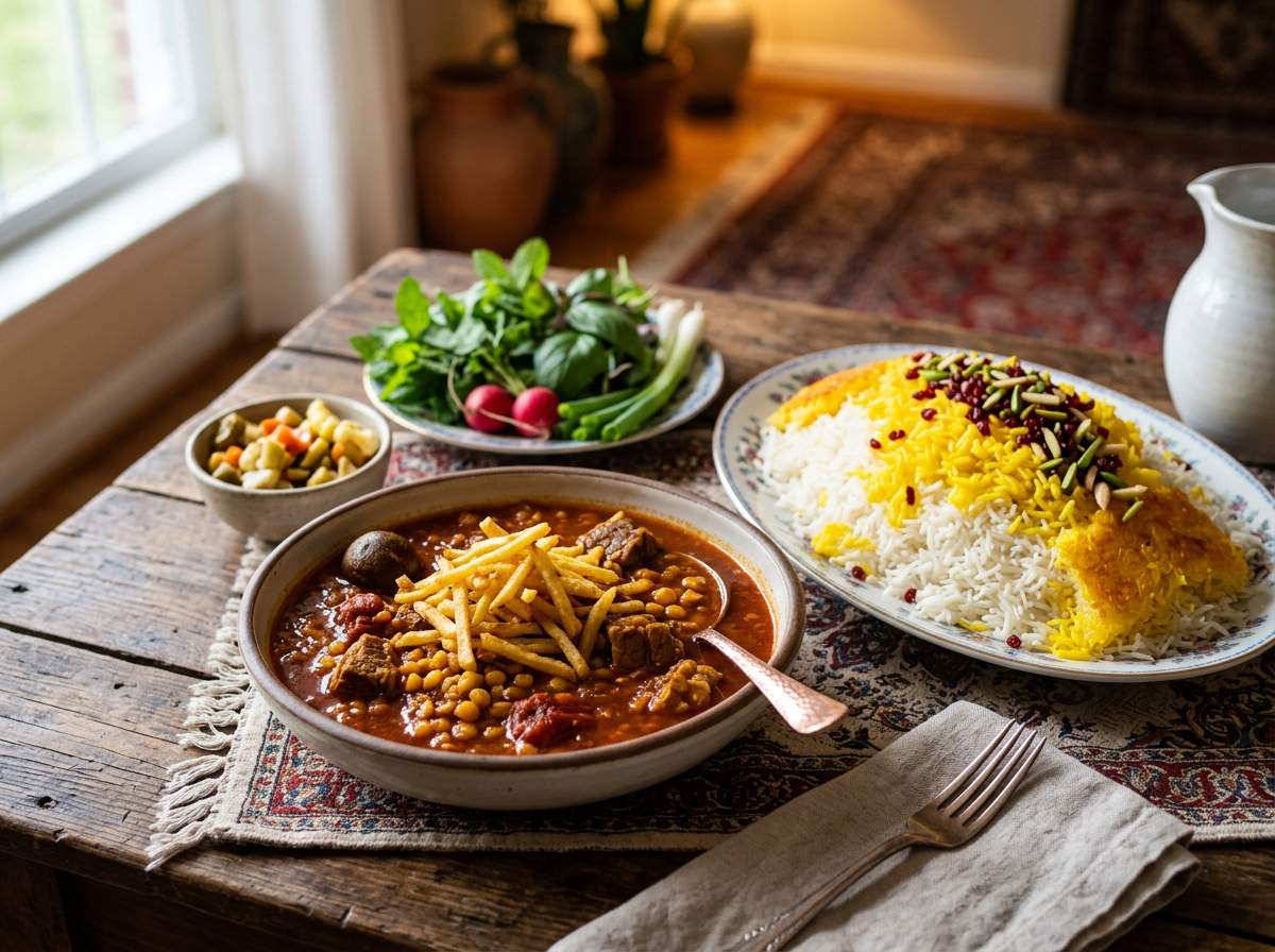 Bowl of Persian stew with meat, chickpeas, and fries beside plate of saffron and white rice with nuts and berries