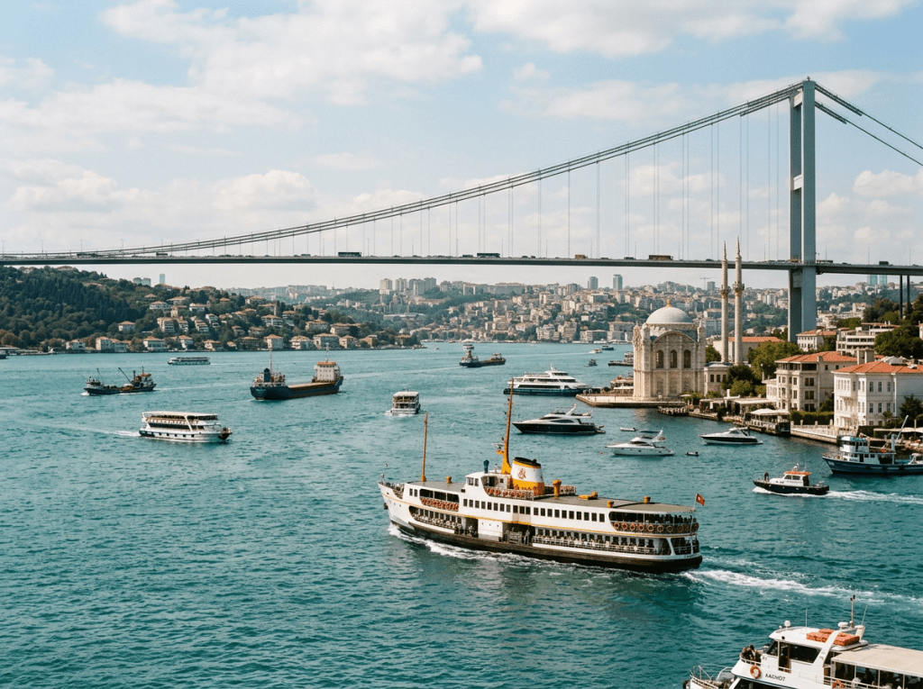 Various ferries and boats on the Bosphorus Strait with the Bosphorus Bridge and cityscape in the background