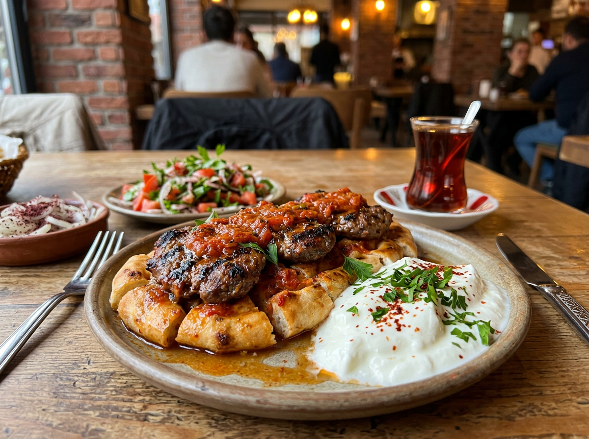 Grilled Turkish kofte on flatbread with yogurt and fresh salad alongside a glass of Turkish tea