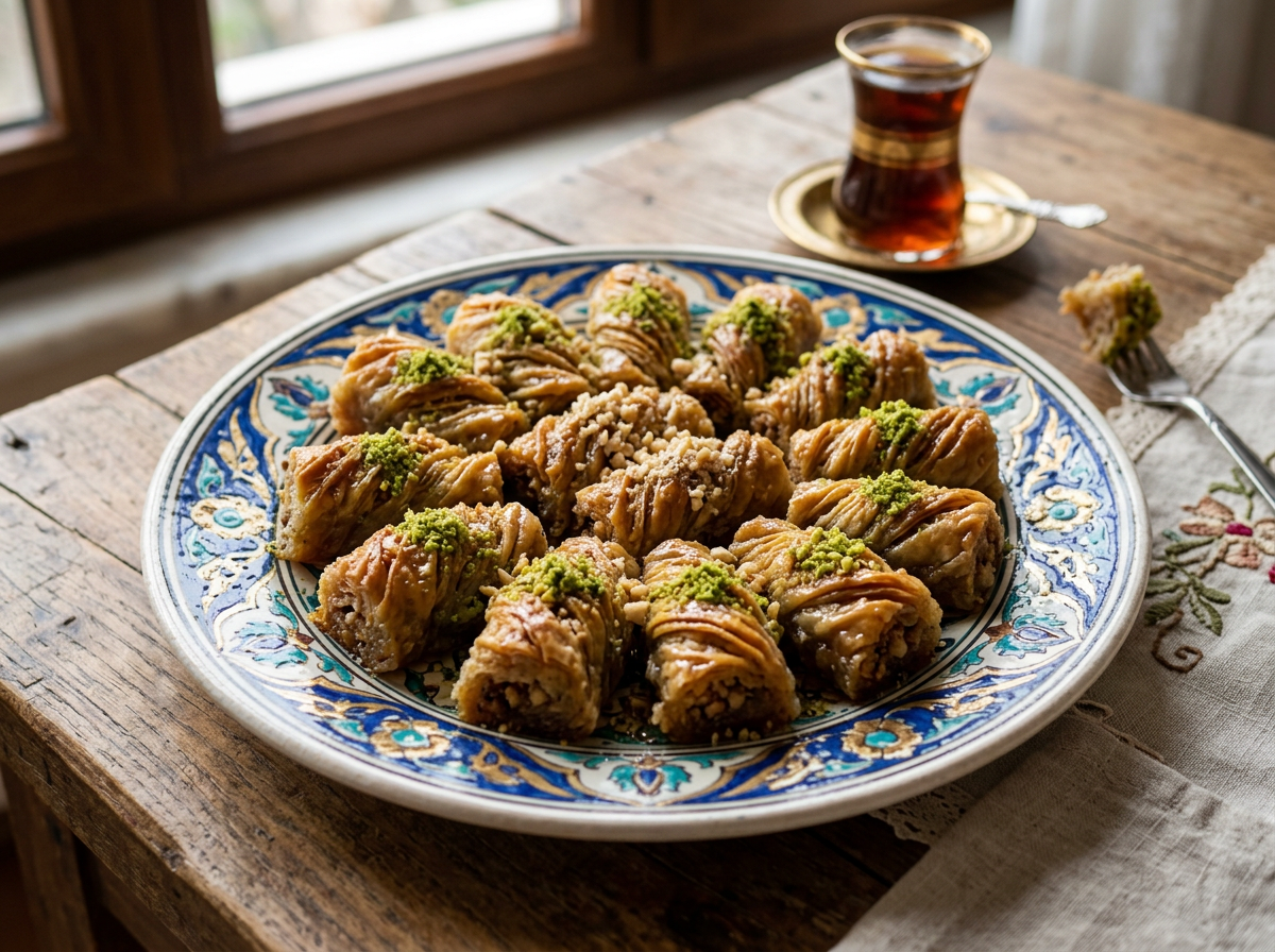 Traditional Turkish baklava pastries garnished with ground pistachios on a decorative plate with a glass of tea in the background