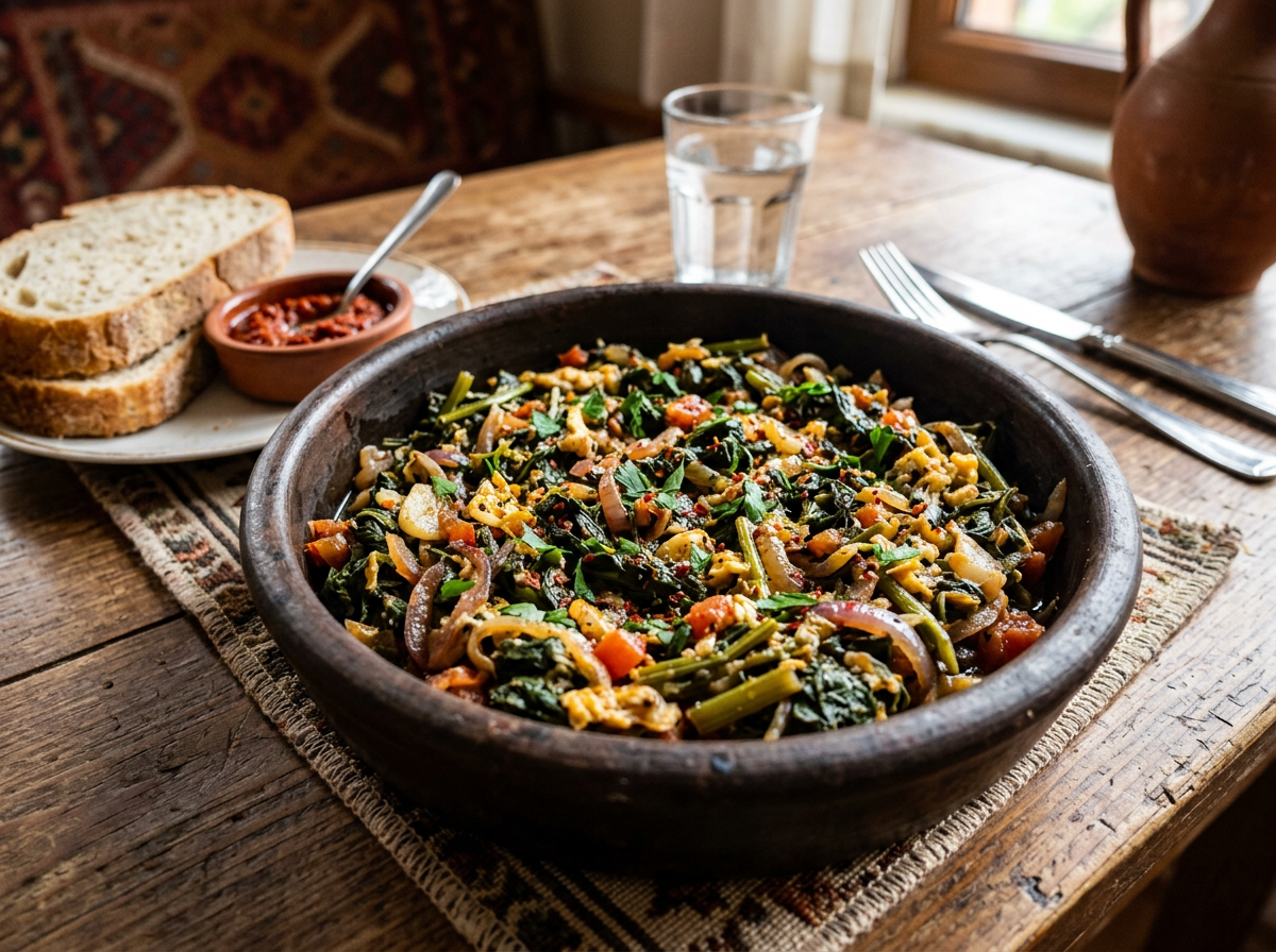 Bowl of sautéed vegetables including greens, onions, and tomatoes with two slices of bread and a small bowl of red sauce