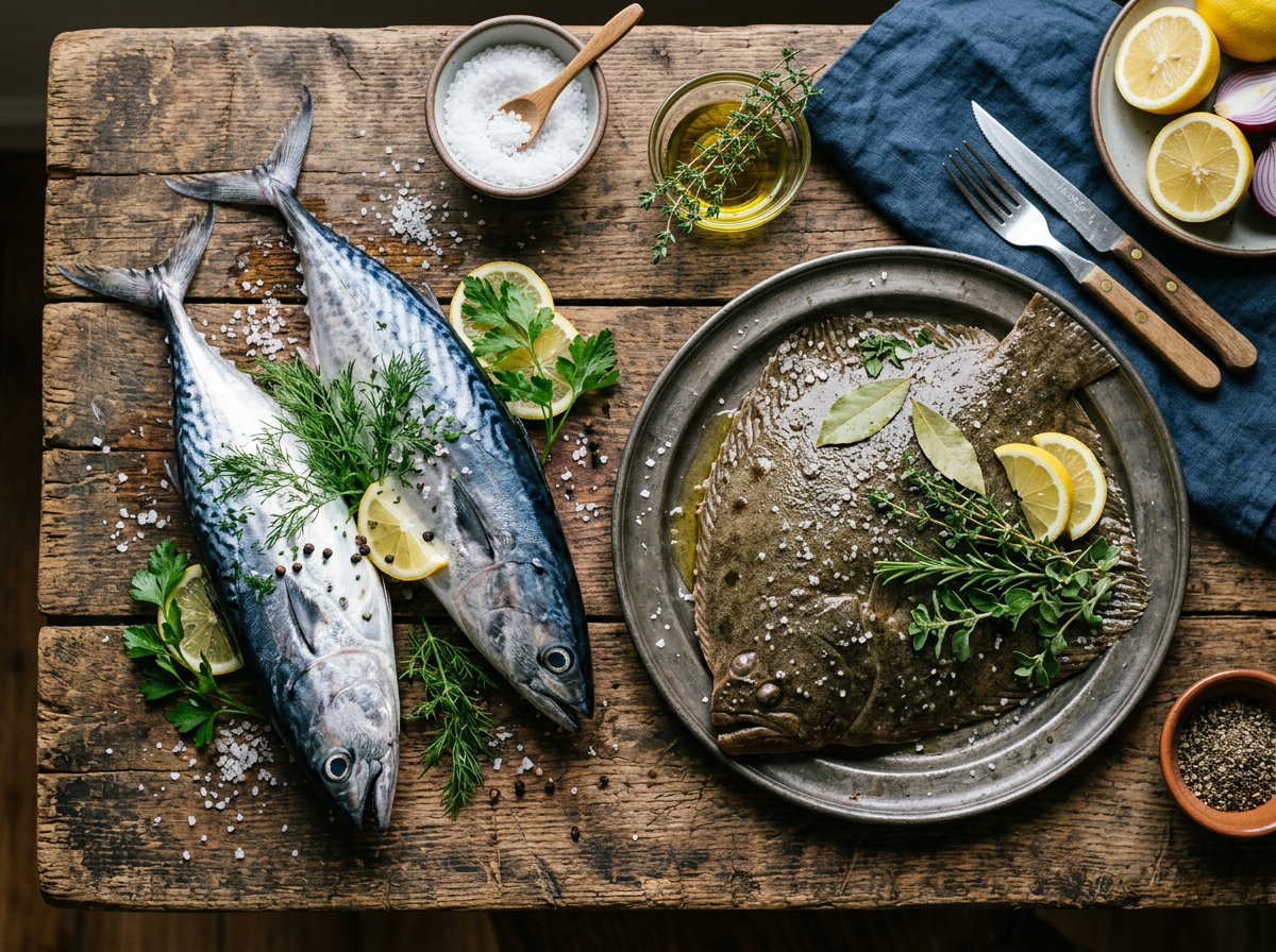 Two whole mackerel and one flatfish with herbs, lemon slices, coarse salt, and black pepper on wooden table