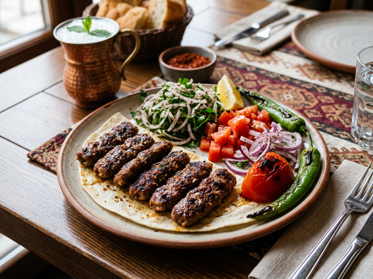 Grilled kebabs on flatbread with onions, tomatoes, green peppers, and lemon wedge