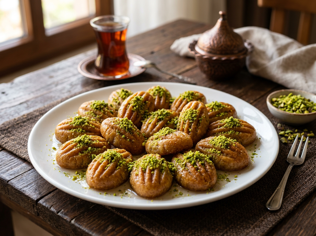 Plate of walnut-shaped Turkish dessert garnished with crushed pistachios and a glass of tea
