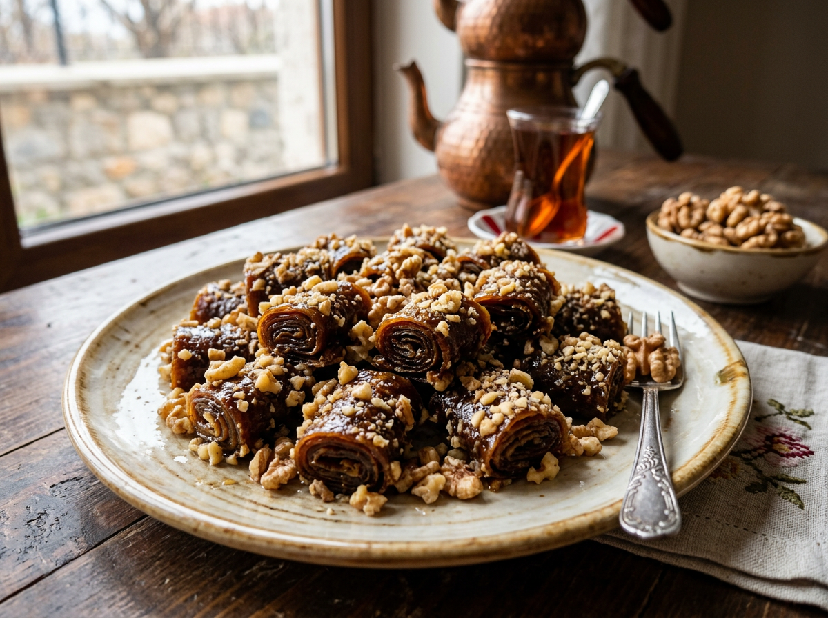 Rolled walnut sweets on a ceramic plate with chopped walnuts, a glass of tea, and a copper teapot
