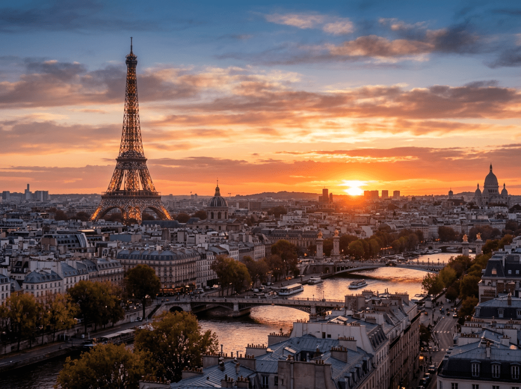 Eiffel Tower glowing during sunset with Paris cityscape and Seine River