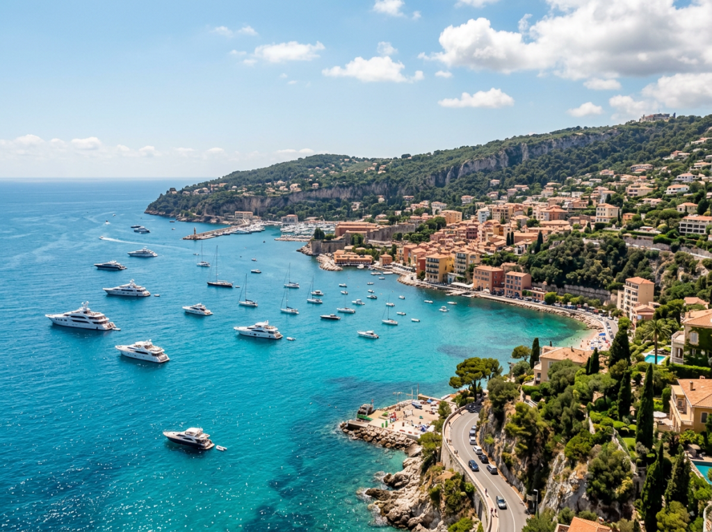 Coastal town with numerous yachts anchored in blue water and hills with buildings