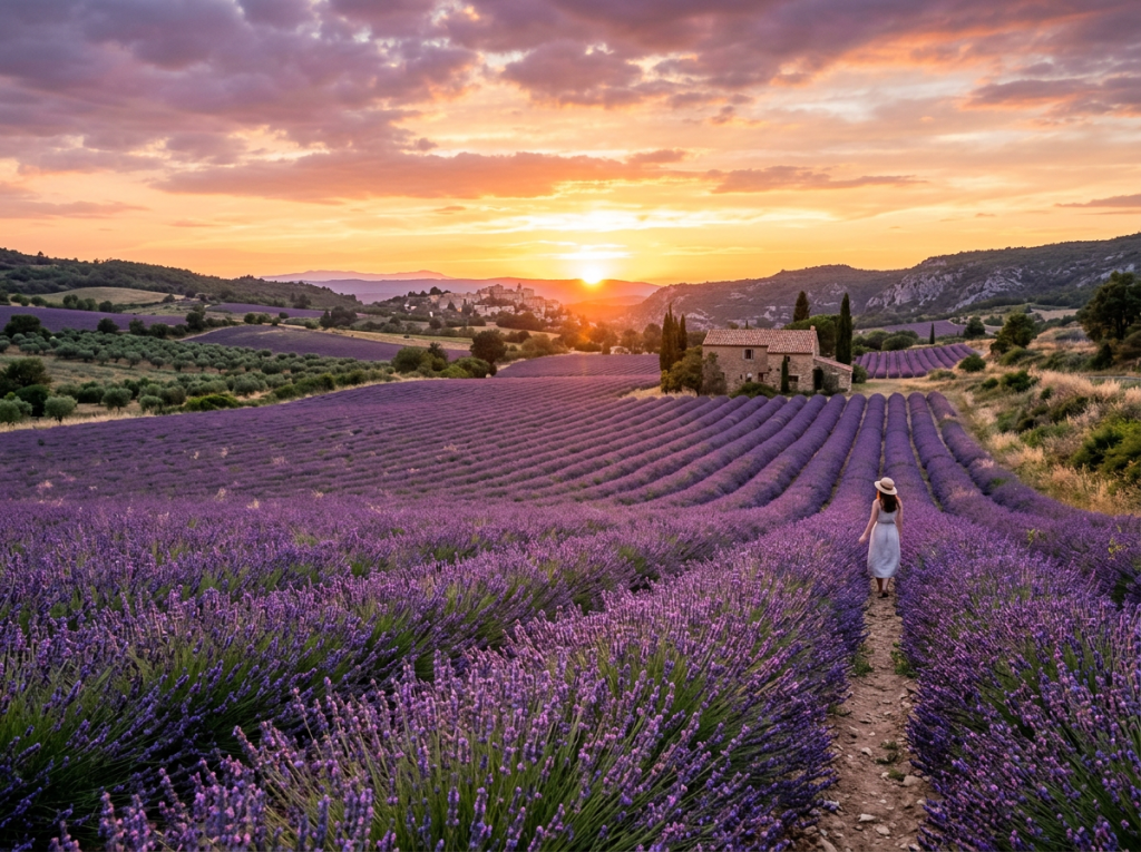 Woman in white dress walking through lavender fields at sunset with farmhouse nearby