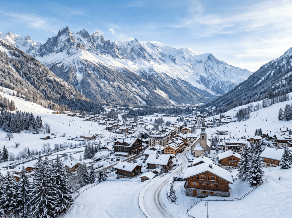 Snow-covered Alpine village with wooden houses and mountains