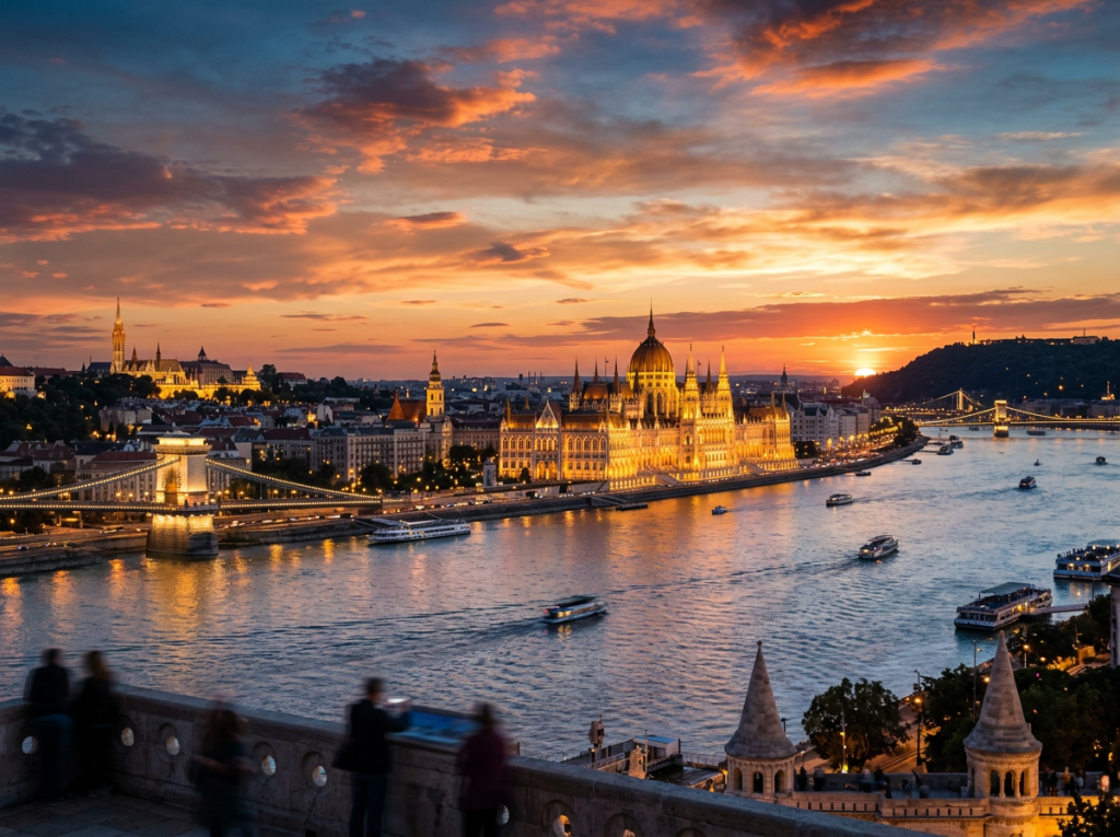 Hungarian Parliament illuminated at sunset along the Danube River in Budapest with boats on the water