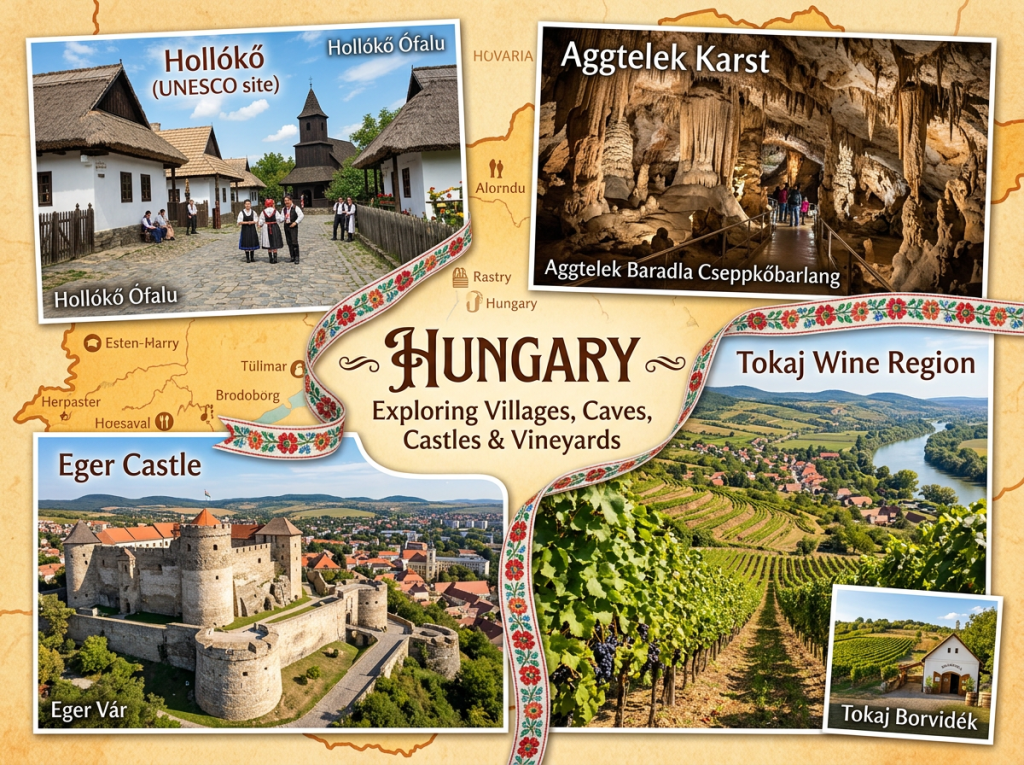 Collage showing Hollókő village, Aggtelek Karst cave, Eger Castle, and Tokaj Wine Region vineyard