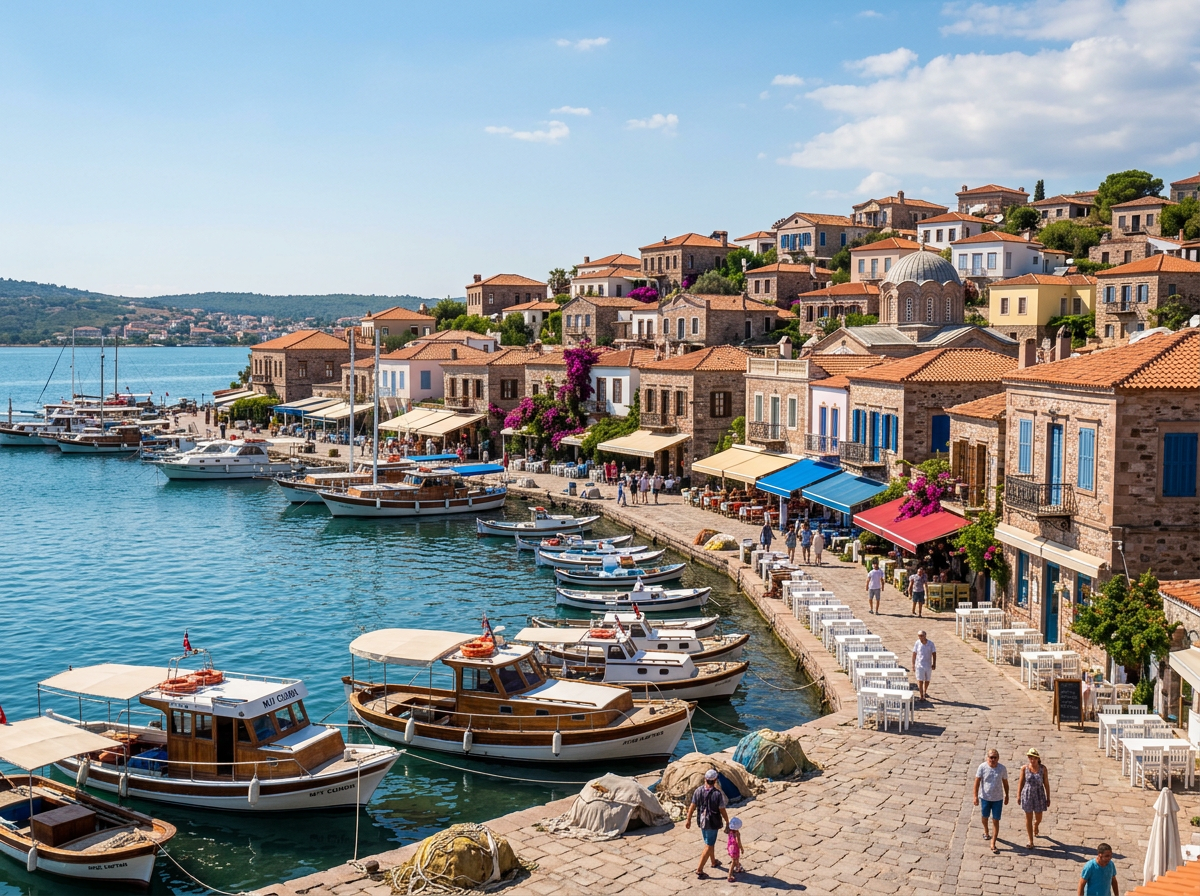 Mediterranean village waterfront with boats, stone buildings, and outdoor cafes