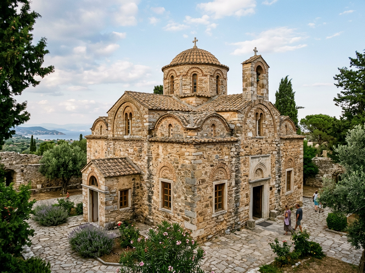 Byzantine stone church with rounded dome and arched windows in garden courtyard with people walking