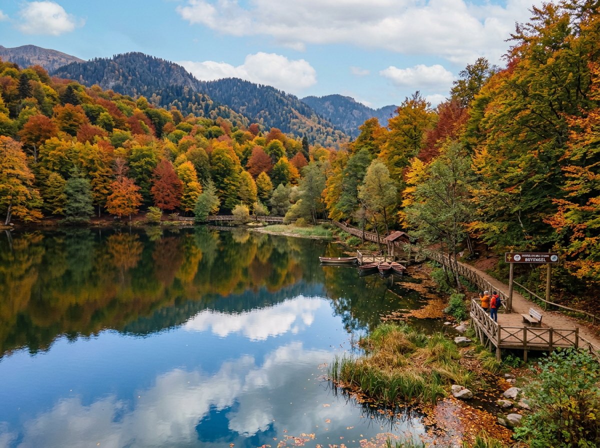 Lake reflecting autumn trees and mountains with a wooden dock and pathway