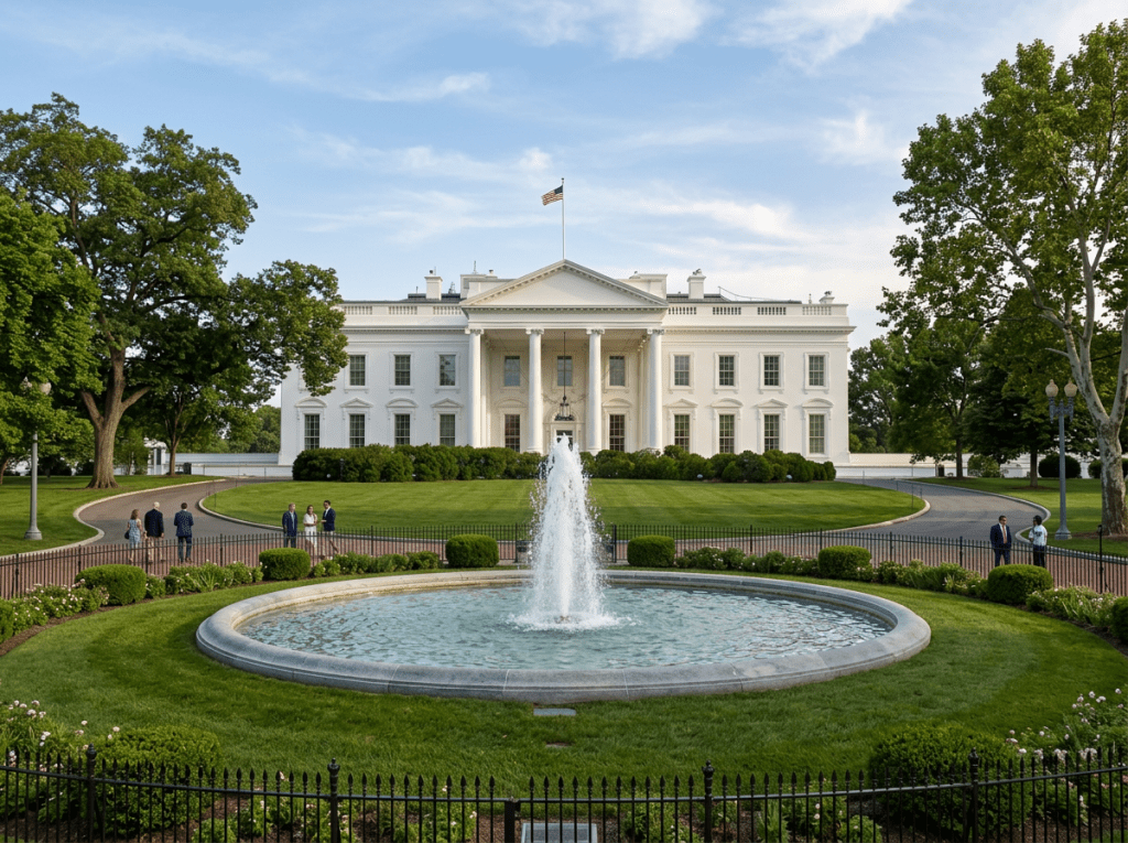 The White House with a central fountain and surrounding garden with people walking nearby