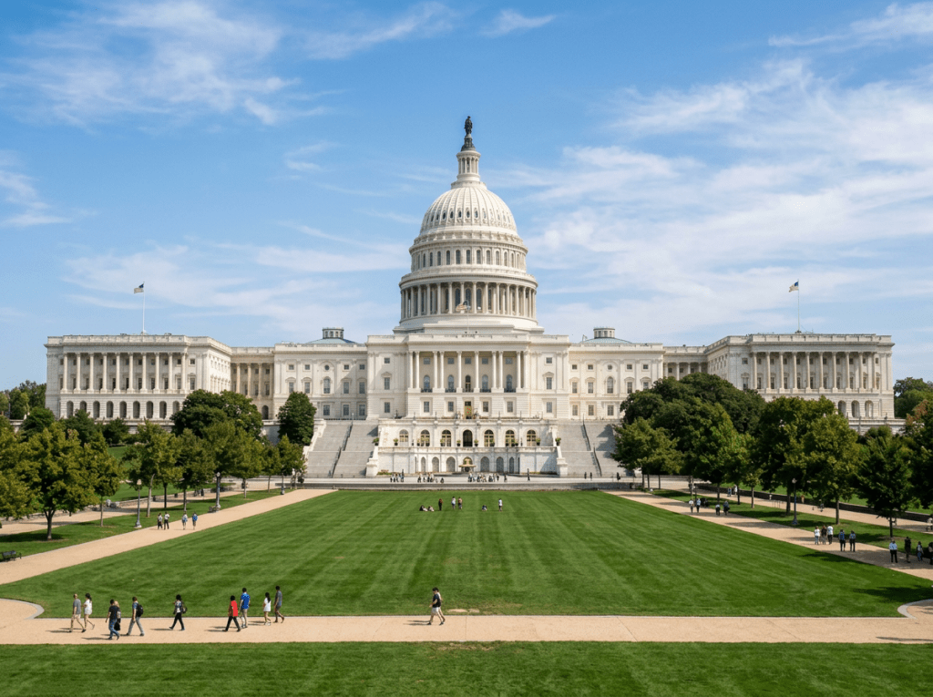 United States Capitol building with large green lawn and people walking around