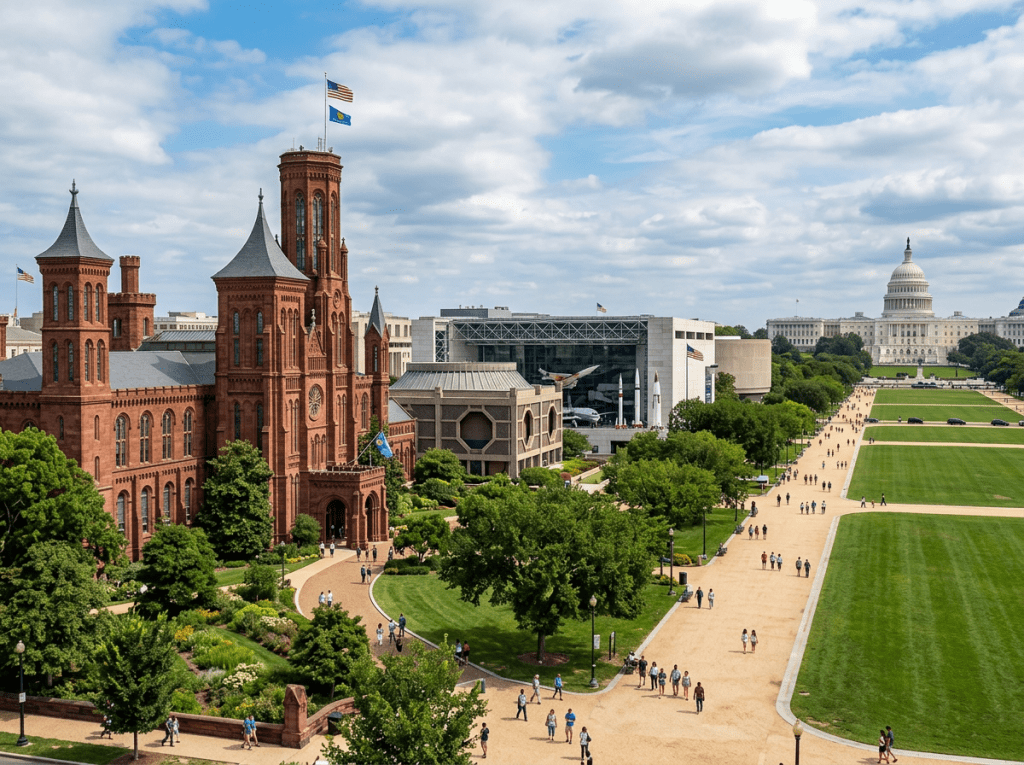 Smithsonian Castle, National Air and Space Museum, and the U.S. Capitol building along the National Mall with visitors walking