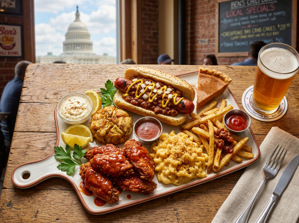 Platter with hot dog topped with chili and mustard, fried chicken wings, macaroni and cheese, fries, hush puppies, lemon wedges, dipping sauces, and a slice of pie, with a glass of beer and the U.S. Capitol visible through a window in the background.