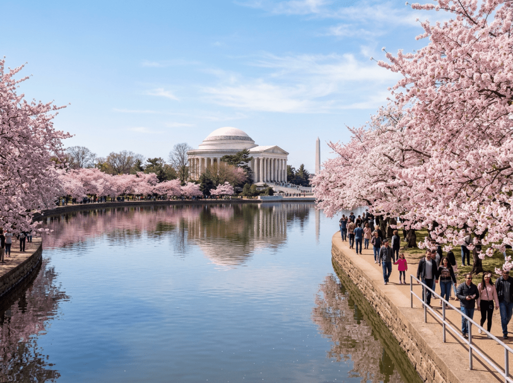 Cherry blossom trees lining the Tidal Basin with the Jefferson Memorial and Washington Monument in the background