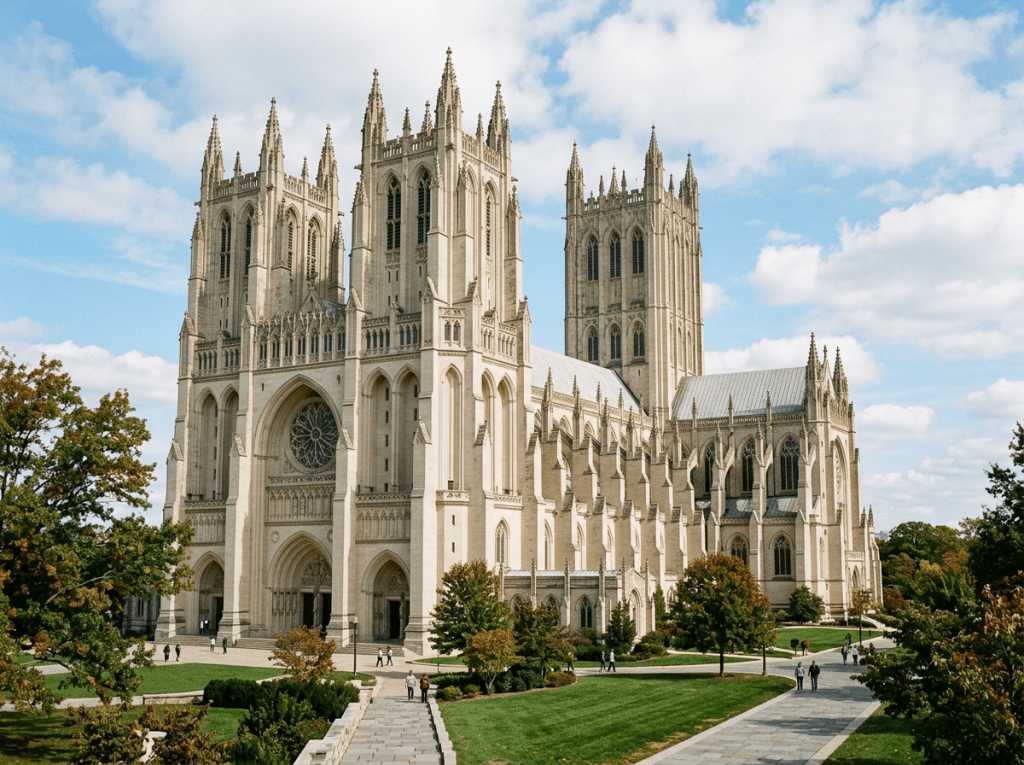Large Gothic cathedral with tall spires and rose window, surrounded by landscaping and walkways