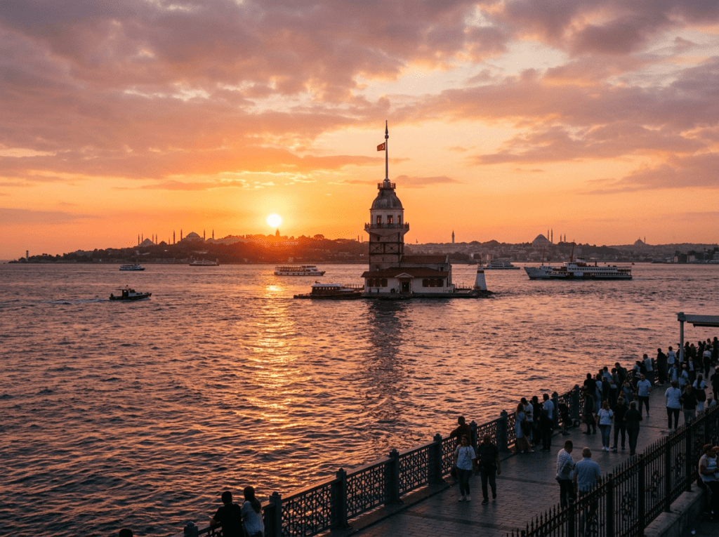 Sunset over Maiden's Tower on Bosphorus with boats and city skyline