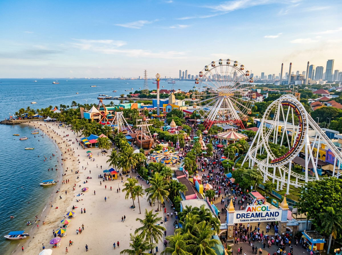 Aerial view of Ancol Dreamland amusement park near the beach with roller coaster, Ferris wheel, and many visitors