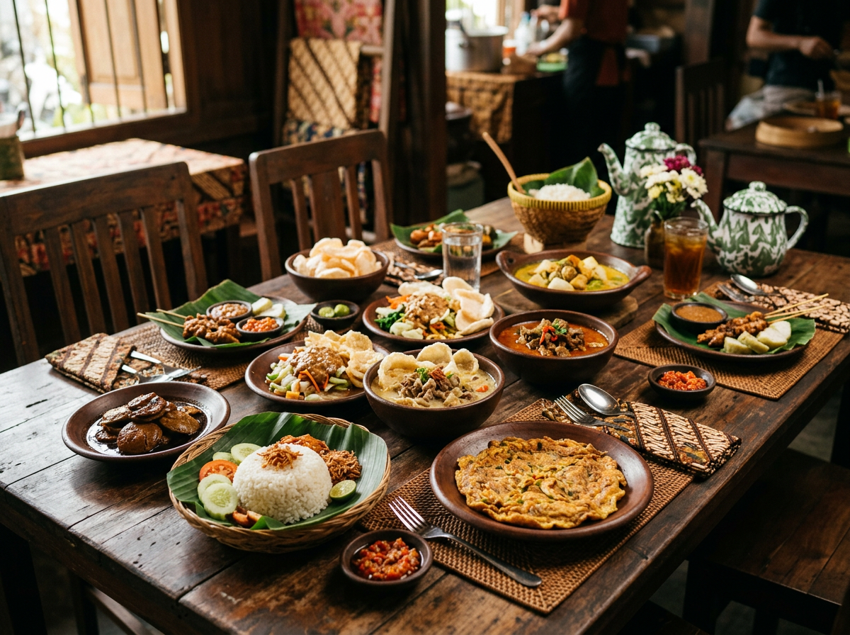 Table filled with various Indonesian dishes including rice, satay, omelette, and vegetable bowls