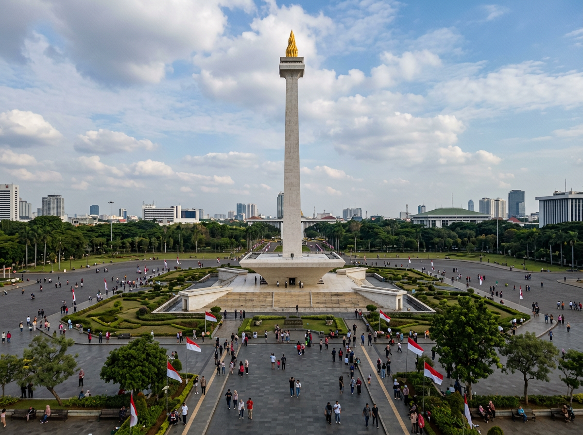 Tall National Monument with flame top in Jakarta surrounded by park and visitors