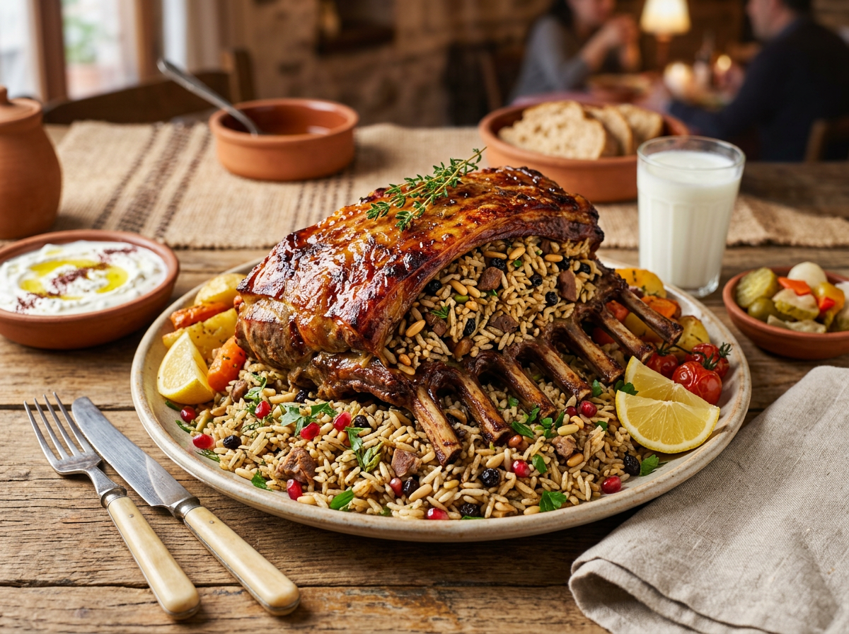 Roasted stuffed lamb rack on rice pilaf with lemon wedges and vegetables