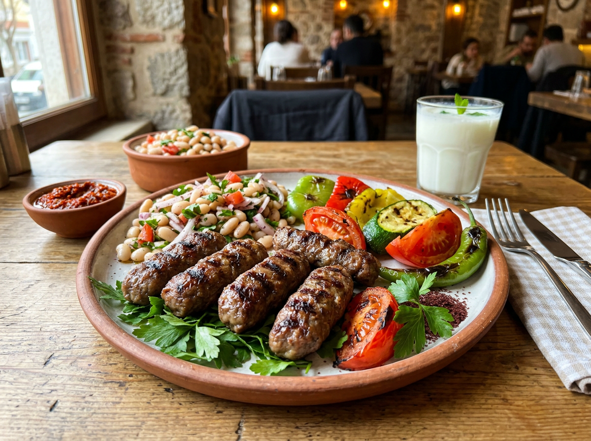 Plate with grilled meat kebabs, roasted tomatoes, peppers, zucchini, and white bean salad